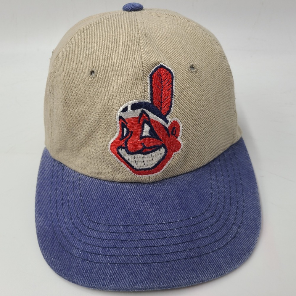 Vintage Cleveland Indians Hat Strapback (Fits Small) Beige Blue MLB Chief Wahoo